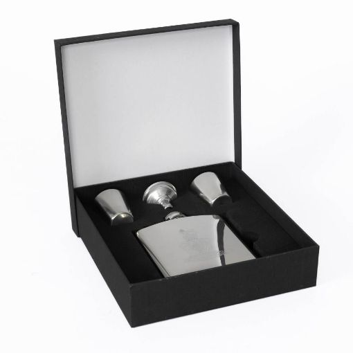 Picture of The Queen's Royal Hussars Metal Hip Flask - 6oz with Filler & 2 Cups - Tudor Crown